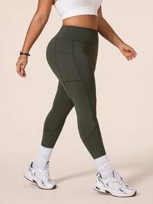 SHEIN Unity 1pc Regular Leggings / Plus Size / Army Green + Sports Leggings + Fitness/Yoga - Olive Green - View 4