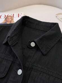 SHEIN MOD Atasan Denim Kasual Harian Wanita Ukuran Plus dengan Kancing Tunggal - Hitam - View 4