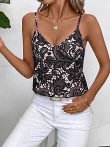 SHEIN Clasi 女款蕾絲休閒百搭日常穿著細肩帶背心上衣 - 黑色 - 查看 1