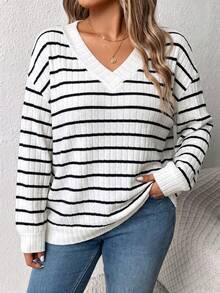 EMERY ROSE Sweatshirt Lengan Panjang Bergaris Leher V Wanita, Atasan Kasual Musim Gugur/Dingin untuk Beraktivitas di Luar Ruangan - Putih - View 1