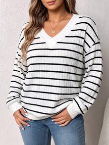 EMERY ROSE Sweatshirt Lengan Panjang Bergaris Leher V Wanita, Atasan Kasual Musim Gugur/Dingin untuk Beraktivitas di Luar Ruangan - Putih - View 4