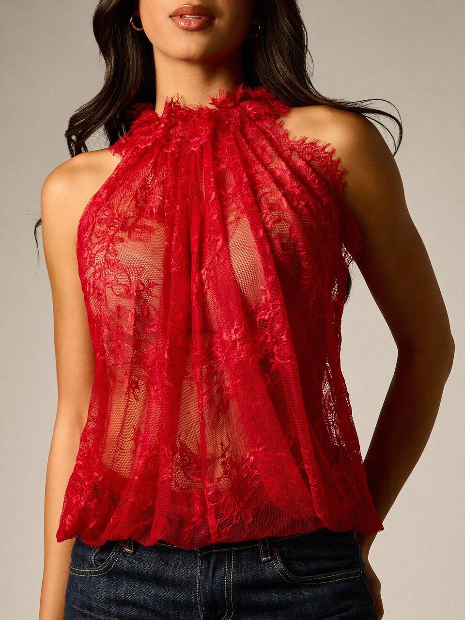 AiiRZ Sheer Lace Halter Blouse With Ruffle Neck