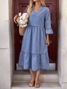 Brillora Women's Casual Boho Denim Vacation Dress Autumn Outfits Country Modest Brunch Light Blue - Medium Wash - View 8