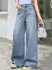 DAZY Calça Denim Feminina Casual para o Dia a Dia Lavada com Bolso Inclinado e Perna Larga para Escola - Azul bebê - Visão 3