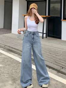 DAZY Calça Denim Feminina Casual para o Dia a Dia Lavada com Bolso Inclinado e Perna Larga para Escola - Azul bebê - Visão 4