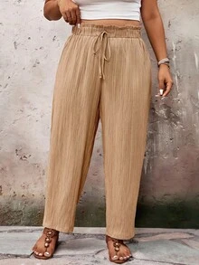SHEIN VCAY بنطلون طويل كاجوال متعدد الاستخدامات للارتداء اليومي للنساء بمقاسات كبيرة بلون موحد وخصر برباط شد - كاكي - مشاهدة 5