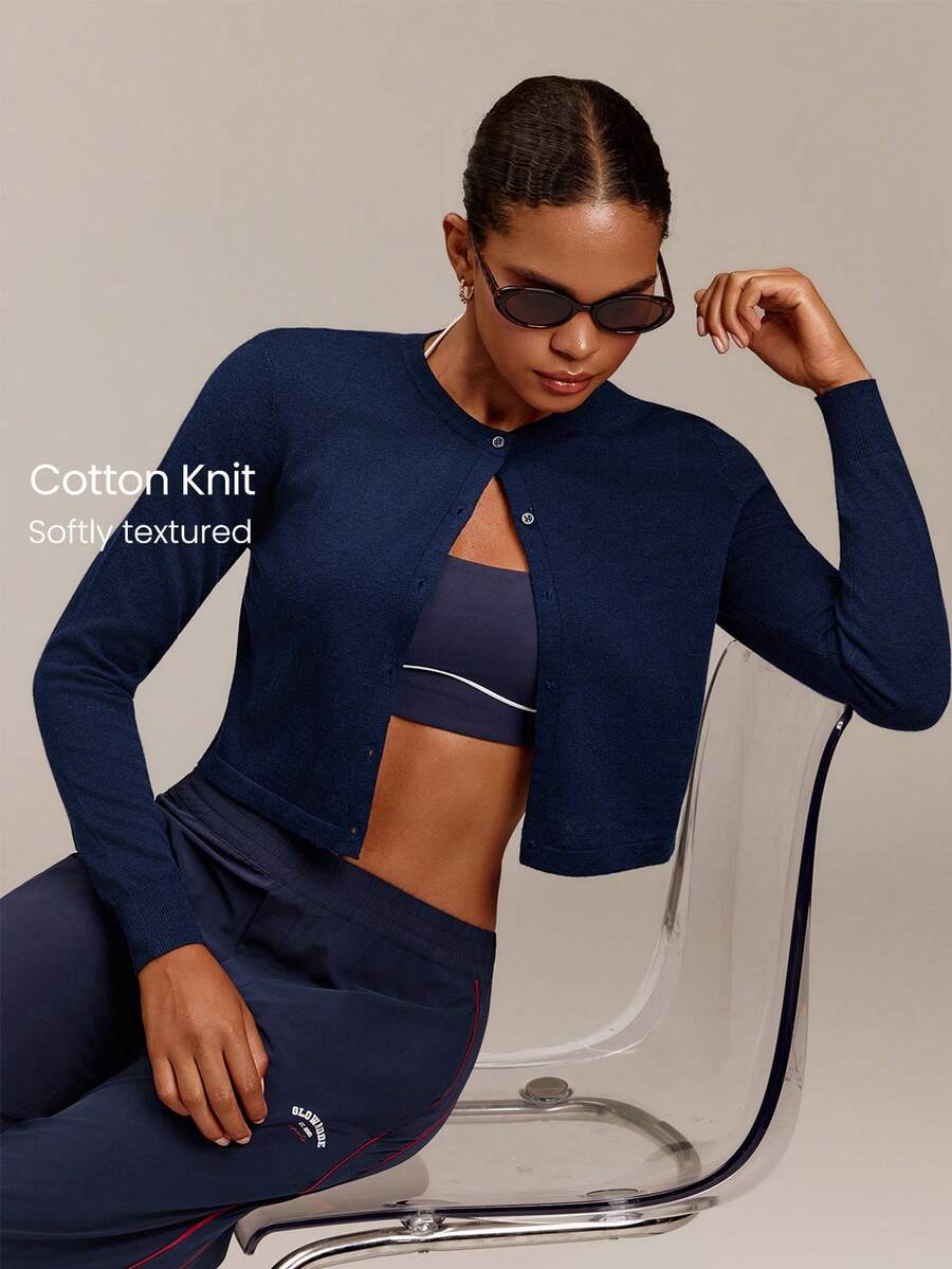 GLOWMODE Wool Blend Big Softie Cropped Knit Cardigan With Button Placket & Tonal Logo Embroidery Daily Casual Wear - Navy Blue - View 1