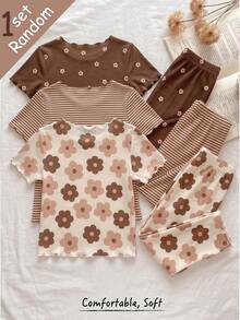 [Randomly Sent 1 Set]Young Girls Pajamas, Spring/Summer/Autumn/Winter, Korean Style, Floral & Striped Print, Wavy Hem Design, Round Neck Short Sleeve Top & Long Pants 2-Piece Loungewear Set, 1 Set - Multicolor - View 2