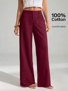 SHEIN Tall 100%水洗棉低腰直筒長褲 - 酒紅色 - 查看 7