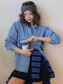 DAZY Solid Color Loose Long Sleeve Denim Shirt Casual Vacation Spring Autumn Women's Denim Top - Blue - View 2