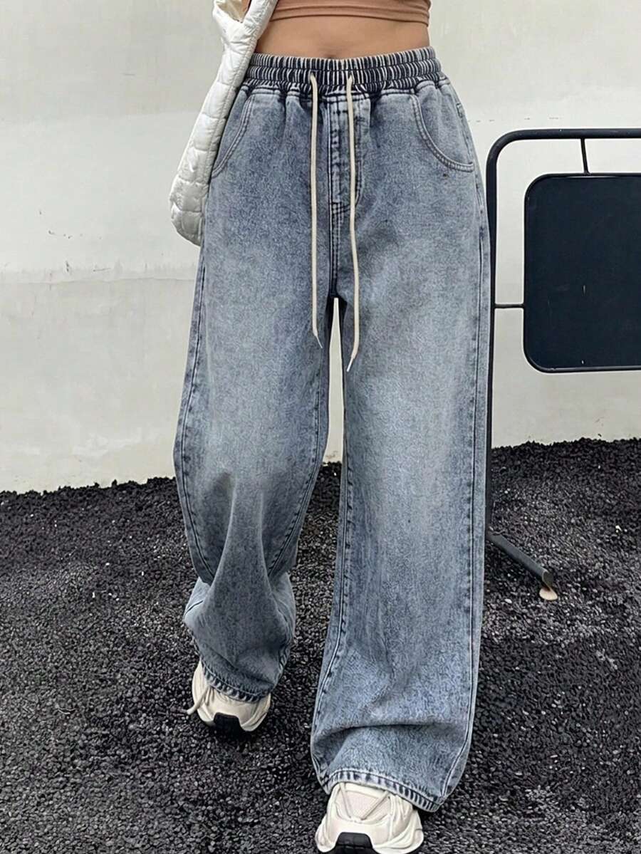 Dazy Plus Celana Jeans Denim Panjang Kasual Jalanan dengan Pinggang Elastis dan Tali Serut, Potongan Lurus Longgar, Dicuci dan Rusak, Cocok untuk Semua Musim Gugur. - Light Wash - View 1