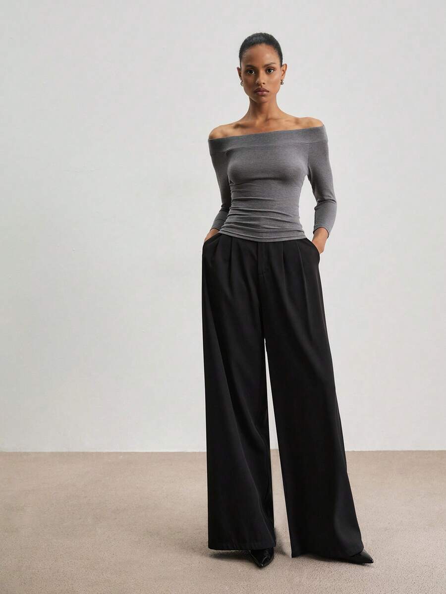 ATUI Studio Women 3/4 Sleeve Tencel Wool Blend Silver Screen Marble Off-Shoulder Knit Top- Top Fall Winter Transition Outfit Layering Essential - Light Grey - View 1