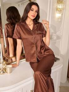 LuxeNights Women's Faux Silk Jacquard Lace Trim Open Front Lapel Pajama Set Sleep Home Brown Striped Summer Elegant Fluffy - Coffee Brown - View 6