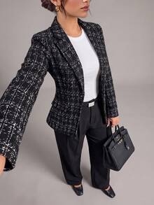SHEIN Tall 女款休閒商務優雅格紋通勤修身西裝外套，夏季，高個子教師節辦公室黑白格紋 - 黑色 - 查看 2