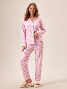 SHEIN Tall TALL SIZE Women 2 Pcs Button Front With Striped&Bot Pattern Homewear Cute Pajama Set - Pink - View 4
