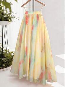 Elenzga Damenrock in großen Größen für den Sommer, Batik-Marmor-Muster, Mesh-Chiffon, doppellagig, A-Linie, fließend, mit elastischem Bund, figurschmeichelnd, elegant, exquisit, vielseitig, mehrfarbig, für den Urlaub - Gelb - Übersicht 2