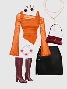 SHEIN MOD Plus Size Orange Plus Size Asymmetric Hem Flared Sleeve T-Shirt,Autumn Classy Night Out Club,Punk Korean Style, Women Basic Tops - Orange - View 7