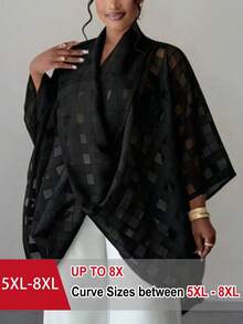 SHEIN CURVE+ 大尺碼女款前扭結掛脖格紋襯衫，黑色優雅1920年代風，適合秋季約會與婚禮賓客穿著 - 黑色 - 查看 1