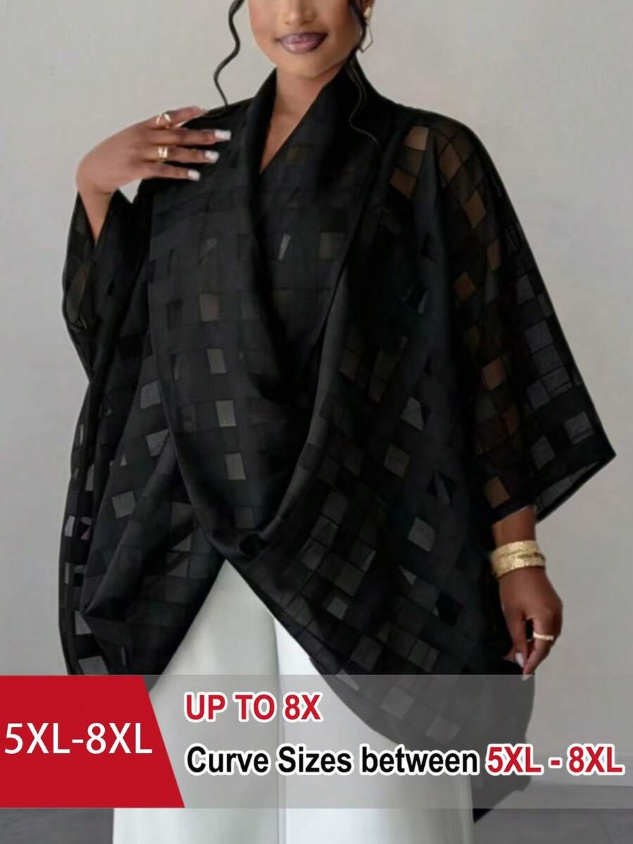 SHEIN CURVE+ 大尺碼女款前扭結掛脖格紋襯衫,黑色優雅1920年代風,適合秋季約會與婚禮賓客穿著 - 黑色 - 查看 1