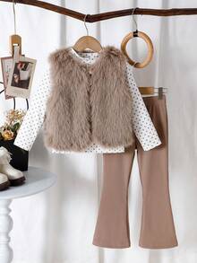 SHEIN 3pcs/Set Girls Autumn/Winter New Polka Dot Ruffle Sleeve Base Layer Top, Flared Long Pants, Long Fur Vest, Elegant Noble Casual Versatile Fashion Three Pieces Set For Birthday Party - Coffee Brown - View 1
