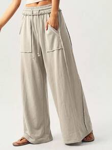 Bohemela Casual Girlisim Knitted Snow-Washed Solid Color Patchwork Loose Wide-Leg Washed Women's Pants Golf Pastal - Khaki - View 5