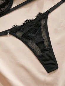 Charlaine 法式復古蕾絲睫毛透視內衣套裝，追求精緻美學與自我寵溺的都市女性 - 黑色 - 查看 4