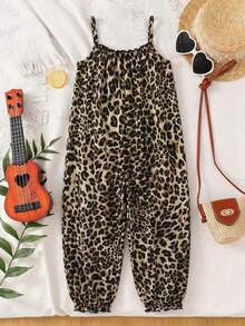SHEIN Young Girl Casual Vacation Leopard Print Spaghetti Strap Jumpsuit - Multicolor - View 2