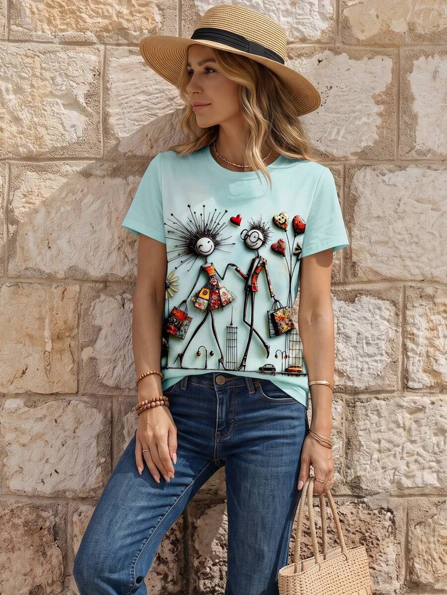EMERY ROSE Valentine's Day Cartoon Print Women's Round Neck Short Sleeve T-Shirt - Multicolor - View 1