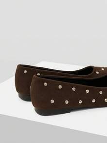 Mnmlis Suede Rivet Soft Bottom Versatile Commuter Pointed Flat Shoes - Coffee Brown - View 5