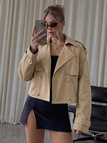 SHEIN BAE 女款純色卡其色雙排扣短款風衣，休閒優雅穿搭，秋冬通勤，寬鬆版型，教師節辦公室穿搭 - 卡其色 - 查看 7