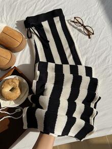 Comfortcana Plus Size Spring/Autumn Crochet Striped Vintage Sweater Pants Halloween - Black and White - View 3