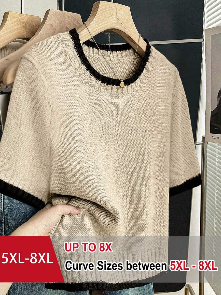 SHEIN CURVE+ 大码女式休闲复古日常百搭通勤针织衫,柔软舒适,年轻时尚,居家穿着舒适,圆领短袖落肩撞色宽松直筒修身套头衫,春夏款 - 彩色 - 查看 1