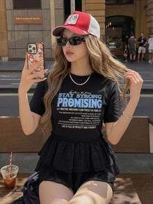 FRIFUL Women's Round Neck Colorblock Letter Print Decor Sleeve Mixed Material Loose Casual Streetwear T-Shirt For Summer Graphic Tee Cute Top - Black - View 2