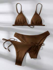 Swim Basics Summer Beach 3packs Triangle Tie Side Bikini Set Bathing Suit - Brown - View 5
