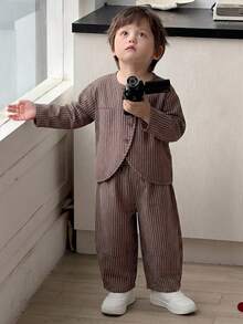 DAZY Baby Boy Striped Button Long Sleeve Shirt And Pants Set Toddler - Coffee Brown - View 5