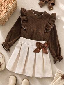 SHEIN Elladie kids Young Girl Embroidered Bell Sleeve Ruffle Trim T-Shirt And Bow Decor Pleated Mini Skirt Set - Brown - View 5