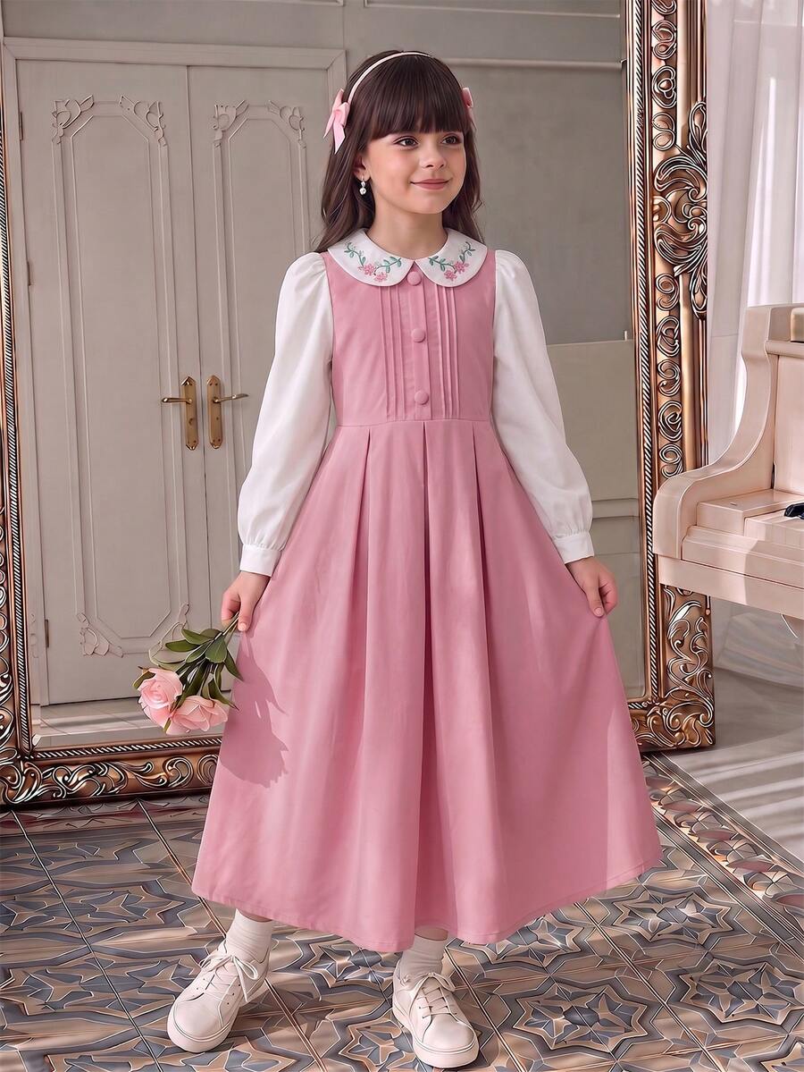 SHEIN Elladie kids 少女白色花卉長袖返校舞會禮服 女童服飾 8-12歲 - 粉色 - 查看 1
