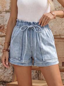 EMERY ROSE Shorts vaqueros de mujer informales para verano con cintura con cordón - Azul - Ver 3