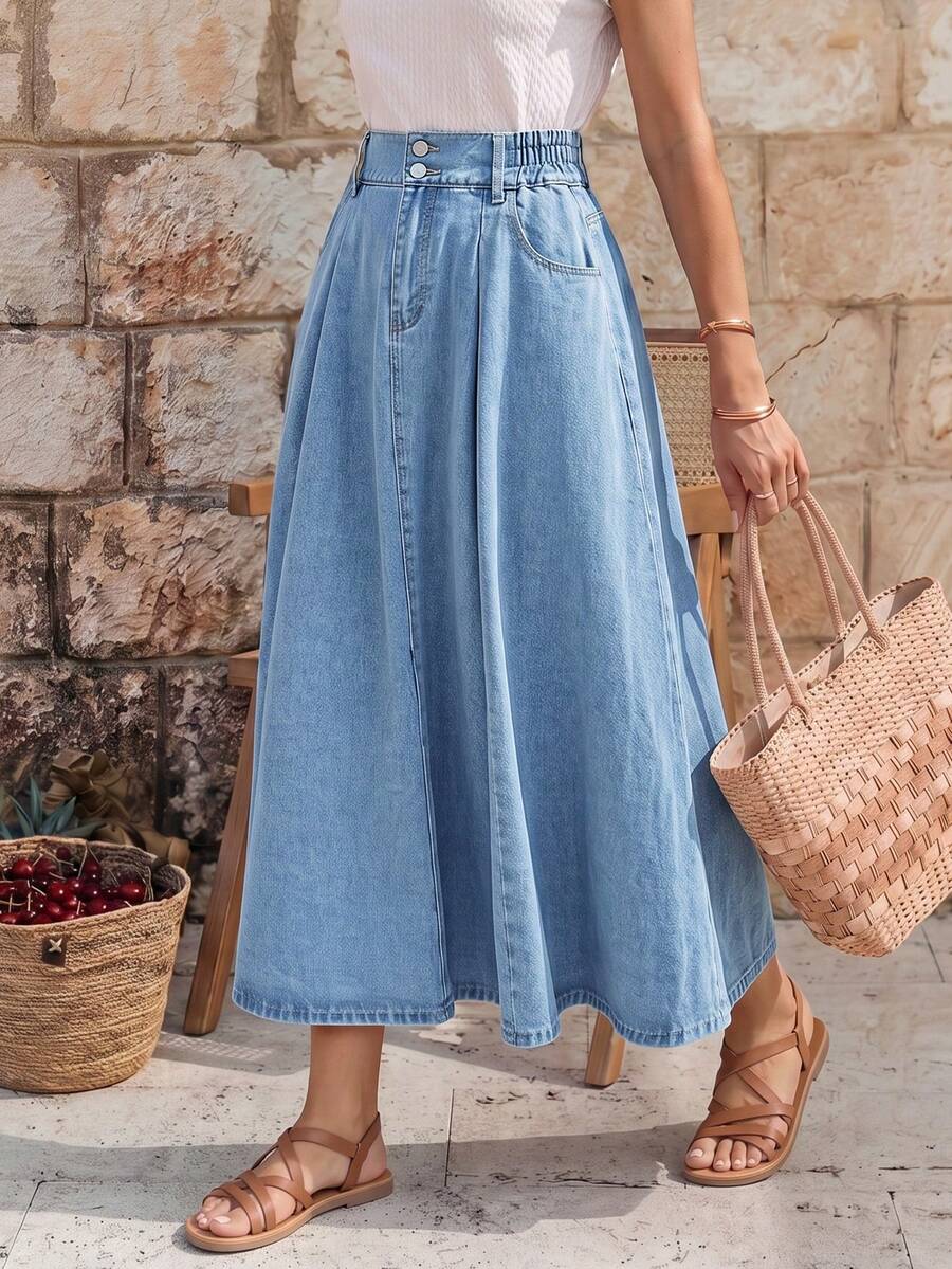 EMERY ROSE High Waist Denim Skirt - Light Wash - View 1