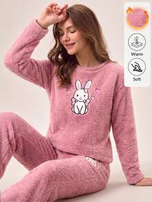 SHEIN Pink Fuzzy Plush Cute Rabbit Cartoon Embroidery Detail Round Neck Long Sleeved Shirt & Long Pants Homewear Comfort Cute Pajama Set - Pink - View 1