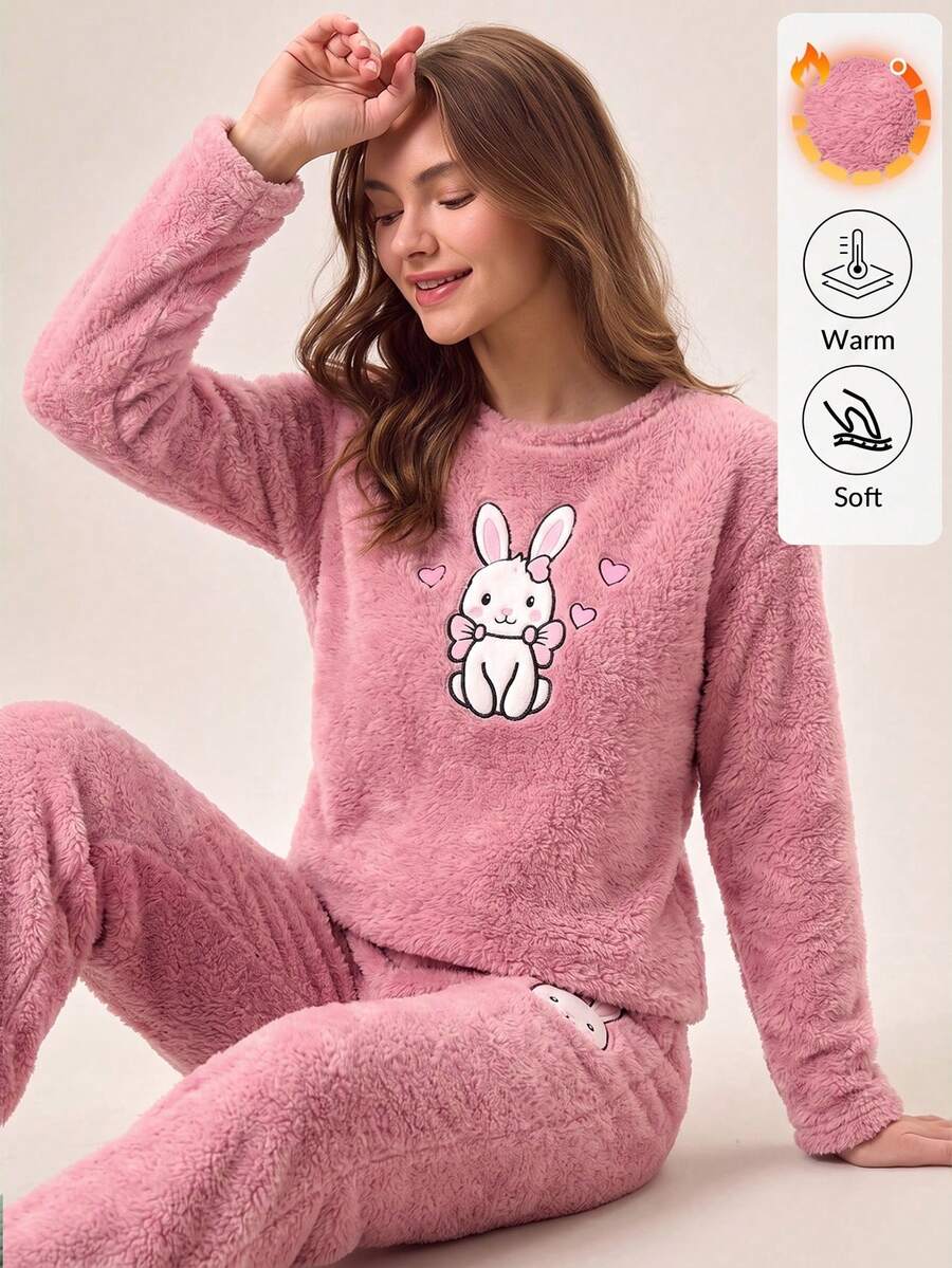 SHEIN Pink Fuzzy Plush Cute Rabbit Cartoon Embroidery Detail Round Neck Long Sleeved Shirt & Long Pants Homewear Comfort Cute Pajama Set - Pink - View 1