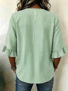 Linhara CURVE Sommer Retro Elegant Lässig Lose Damenhemd in Große Größen, Weiß gestreifte Baumwollbluse, atmungsaktiv bequem für Brunch und formelle Anlässe - Minzgrün - Übersicht 2