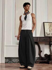 EASEVO Men's Plus Size Solid Color Pleated Pocket Curved Leg Wide Leg Long Pants - Black - View 3