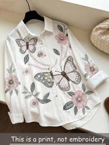 SHEIN 青少年女孩春/秋新款白色圖案印花壓紋波西米亞野花寬鬆休閒長袖襯衫，返校季白色襯衫 - 白色 - 查看 3