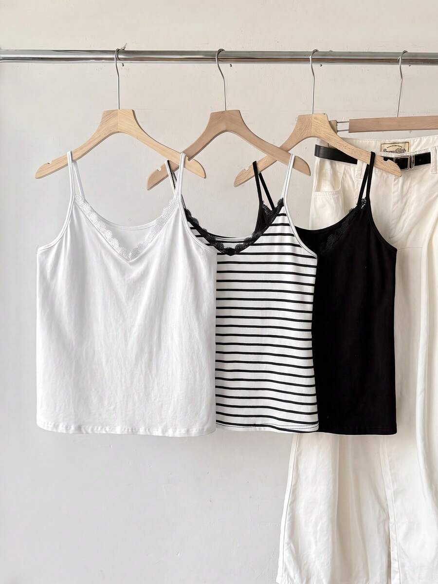 Tseoso 3 cái/gói áo camisole dệt kim sọc tương phản 95% cotton viền ren, phù hợp mùa xuân/hè, phối lớp đa năng dễ phối đồ - Nhiều màu - Xem 1