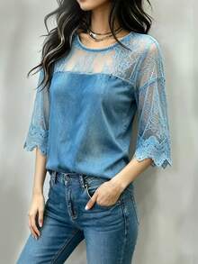 SHEIN Atasan Wanita Minimalis Elegan Warna Polos dengan Kontras Renda, Warna Biru Floral, Cocok untuk Brunch dan Musim Panas. - Biru - View 4