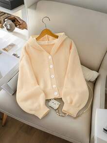 Genkimix Kids Girls' Fashion Casual Fresh Short Solid Color Autumn/Winter Hooded Knit Cardigan Sweater - Apricot - View 1