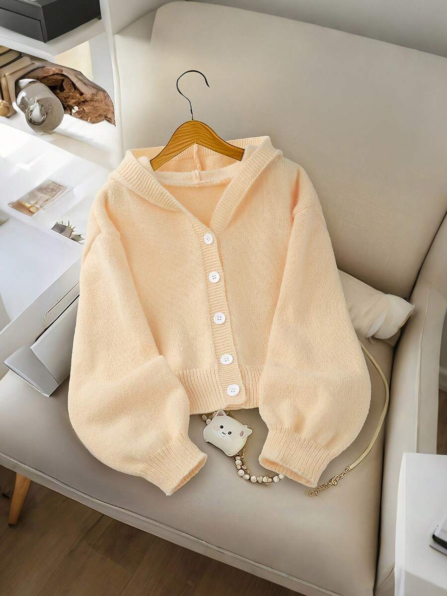 Genkimix Kids Girls' Fashion Casual Fresh Short Solid Color Autumn/Winter Hooded Knit Cardigan Sweater - Apricot - View 1