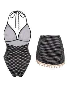 Swim Oasis Conjunto de traje de baño de 2 piezas para mujer con top triangular estampado de lunares, diseño aleatorio de cadena de conchas, tirantes finos, 1 pieza de traje de baño con falda, cordón lateral, diseño aleatorio de cadena de conchas en la Bottom - Blanco y Negro - Ver 2