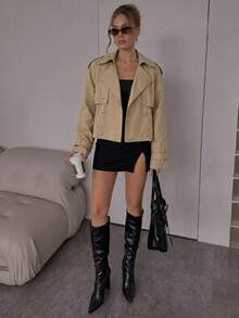 SHEIN BAE 女款純色卡其色雙排扣短款風衣，休閒優雅穿搭，秋冬通勤，寬鬆版型，教師節辦公室穿搭 - 卡其色 - 查看 4